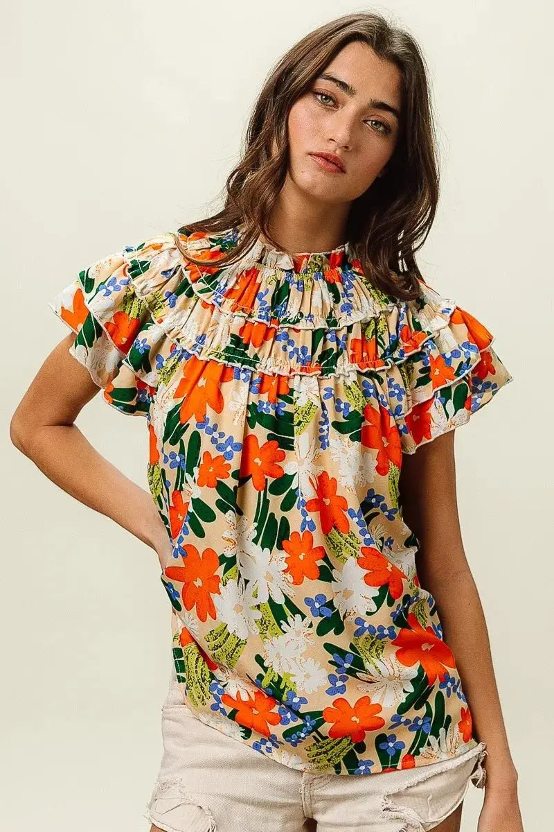 BiBi Multi Color Floral Print Woven Top for Women - Love Salve